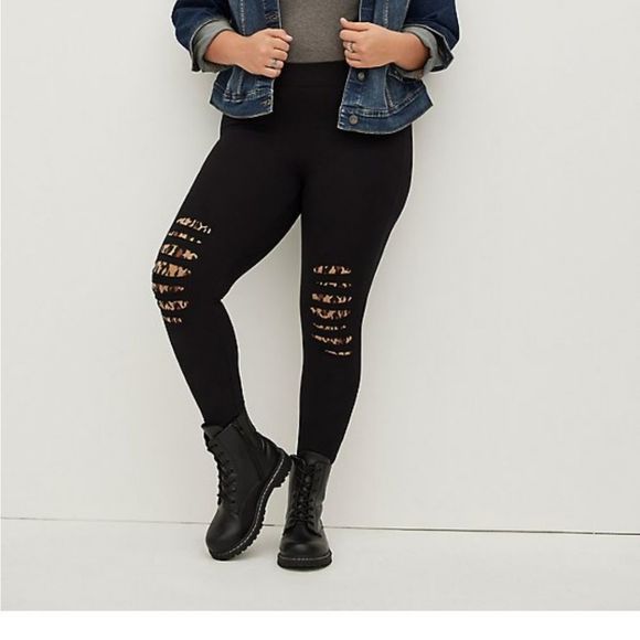 torrid Pants - Torrid Black Shredded Knee Leopard Back Premium Leggings Comfort Waist 2…